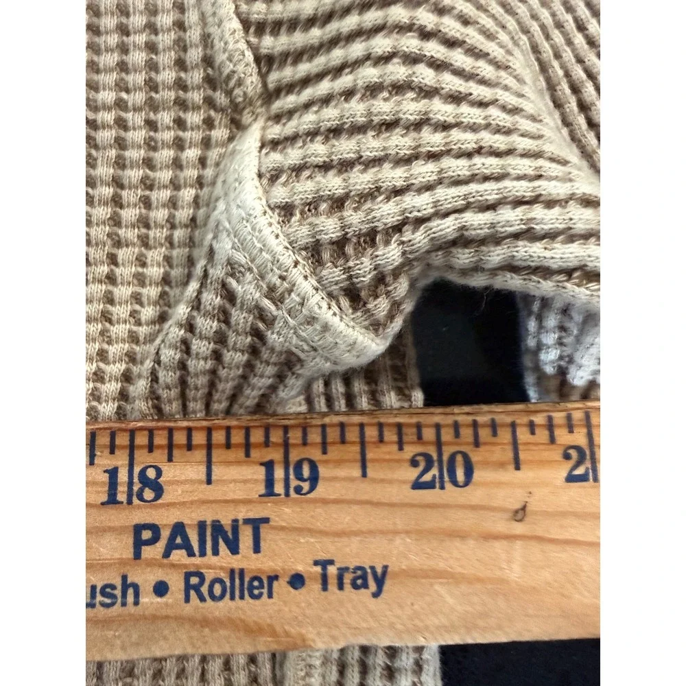 Free People‎ FP One Tan Waffle Knit Henley Top Long Sleeve Raw Edge Cotton m